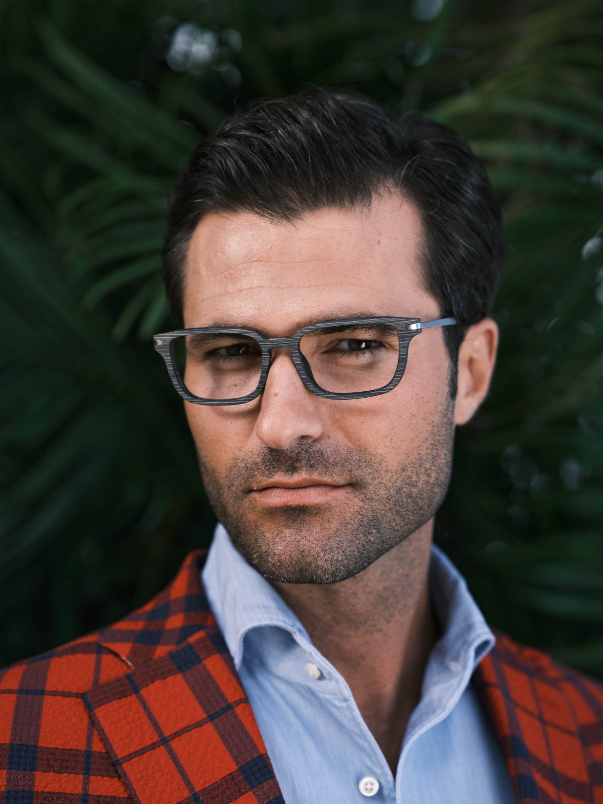 Male model wearing Cremieux frames in the style Salle